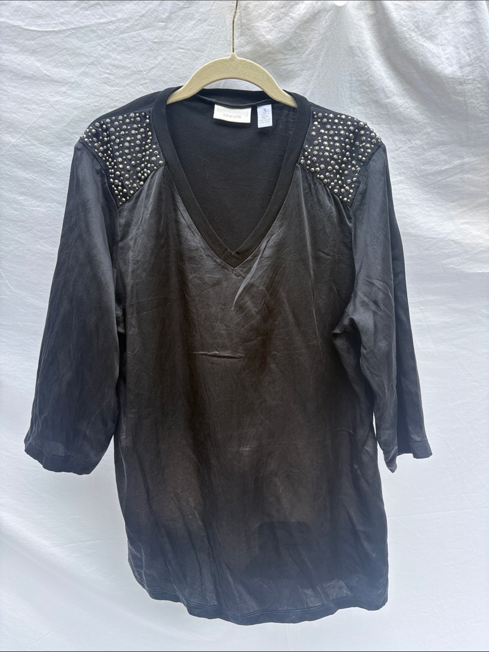 Chico's Black Studded-Shoulder V-Neck Top